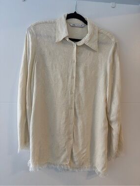 Zara Cream Jacquard Frayed Hem Button Down Blouse XS